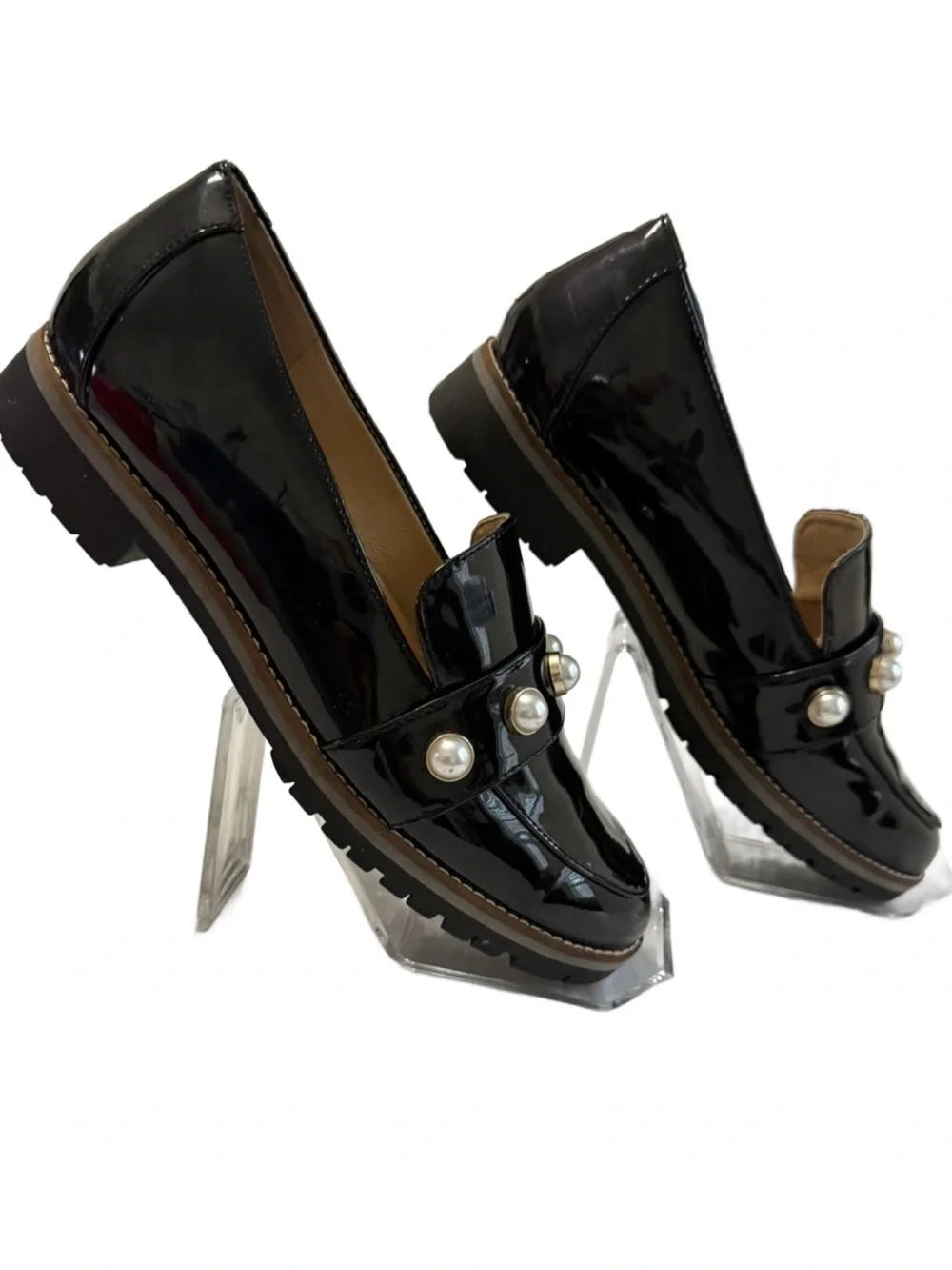 Alex Marie Black Patent Loafers with Pearl Accent. 8M
